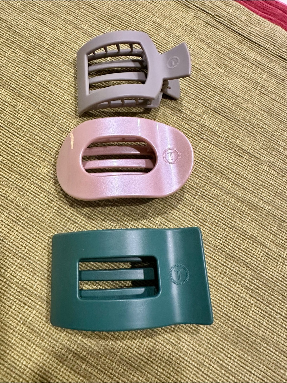 Set of Three Teleties Hair Clips in Taupe, Pink, and Green